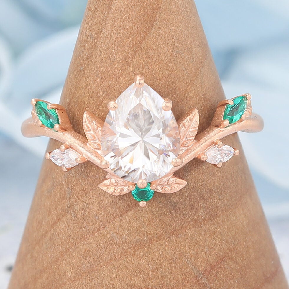 Matte Finish Art Deco Pear Shaped Moissanite Engagement Ring