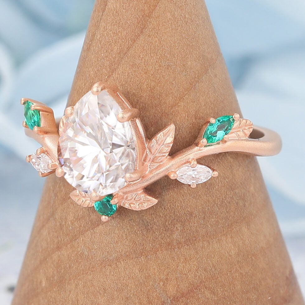 Matte Finish Art Deco Pear Shaped Moissanite Engagement Ring