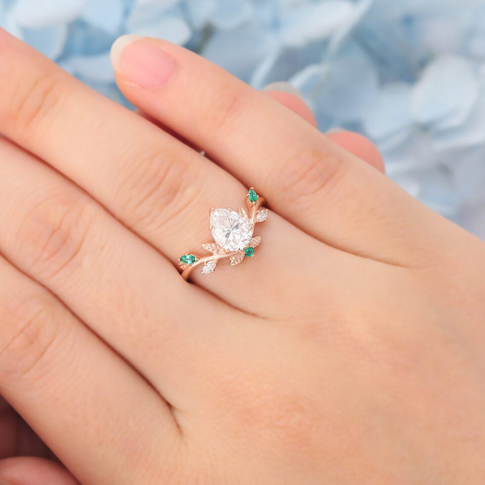 Matte Finish Art Deco Pear Shaped Moissanite Engagement Ring