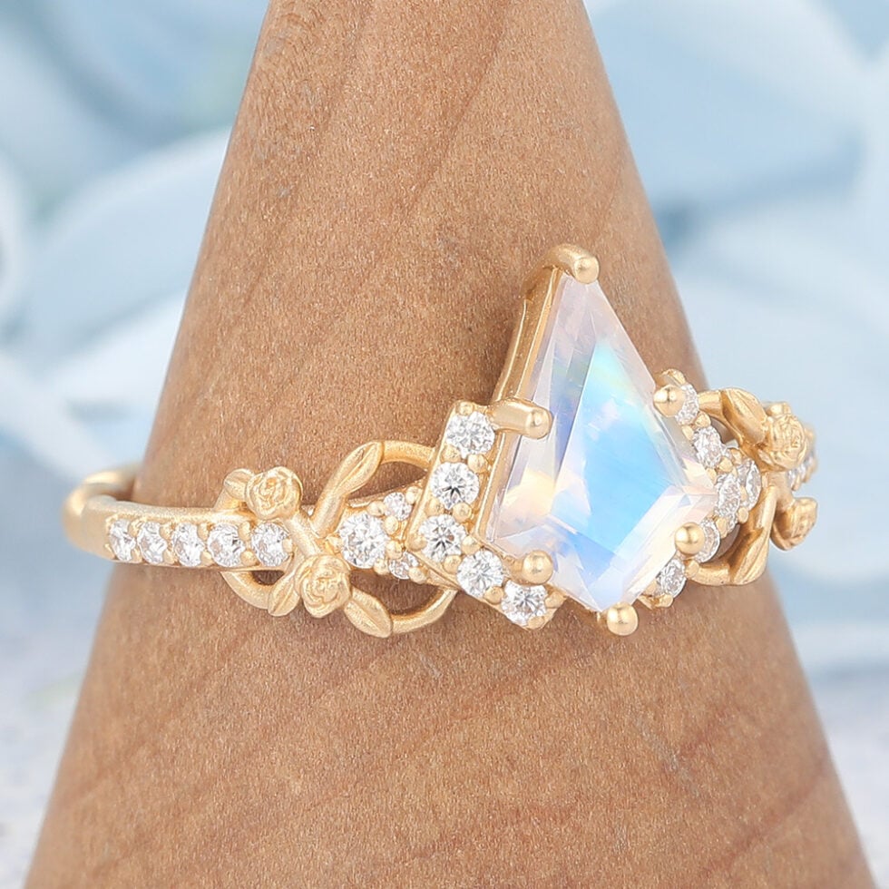 Matte Finish Kite Cut Moonstone Engagement Ring Infinity Bridal Ring