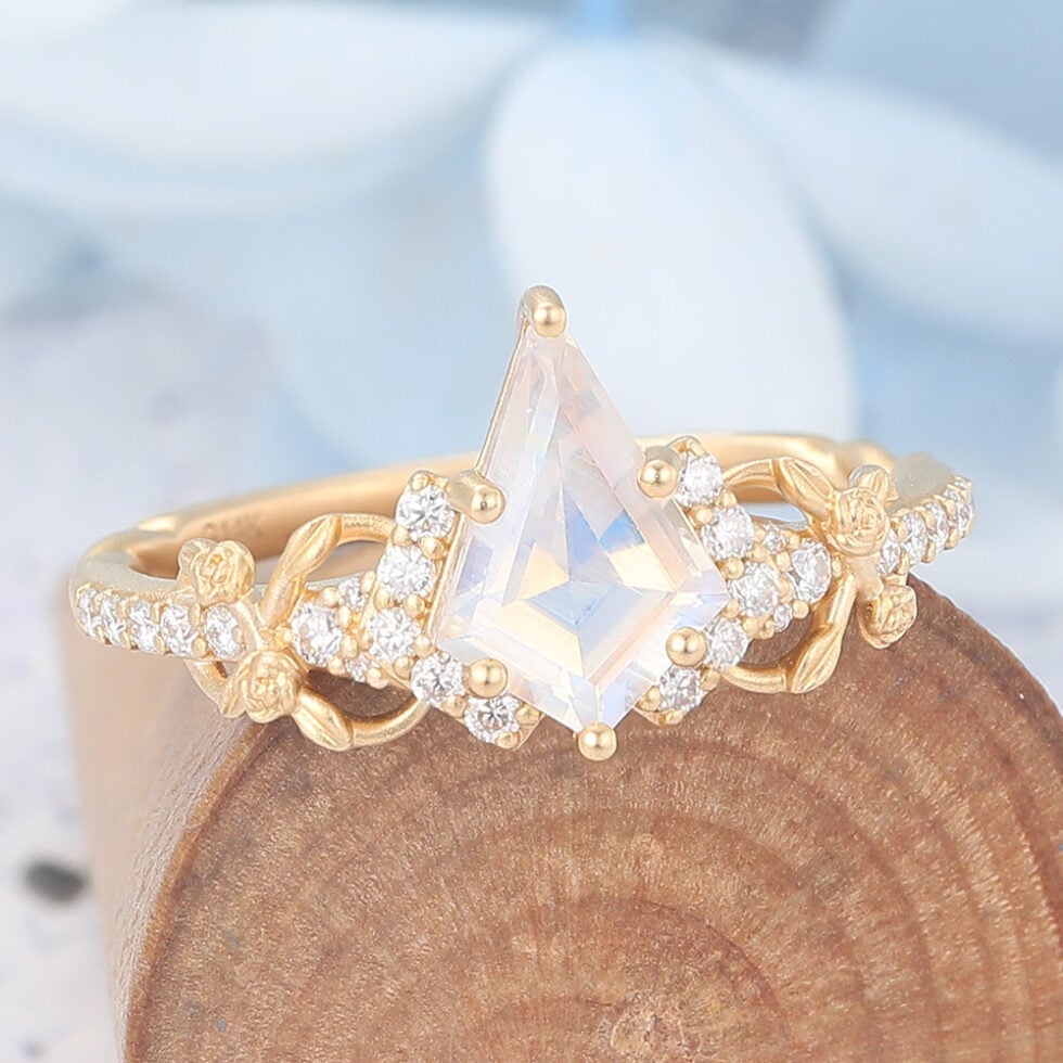 Matte Finish Kite Cut Moonstone Engagement Ring Infinity Bridal Ring