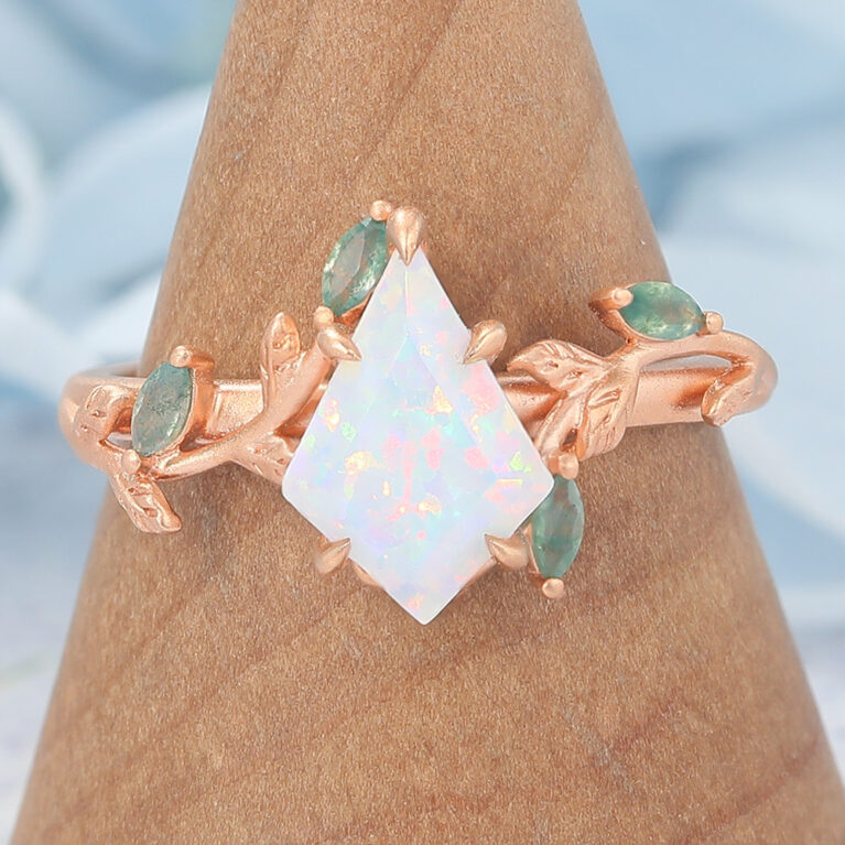 Matte Finish Kite Cut Opal Engagement Ring Vine-Inspired with Moss Agate Accents