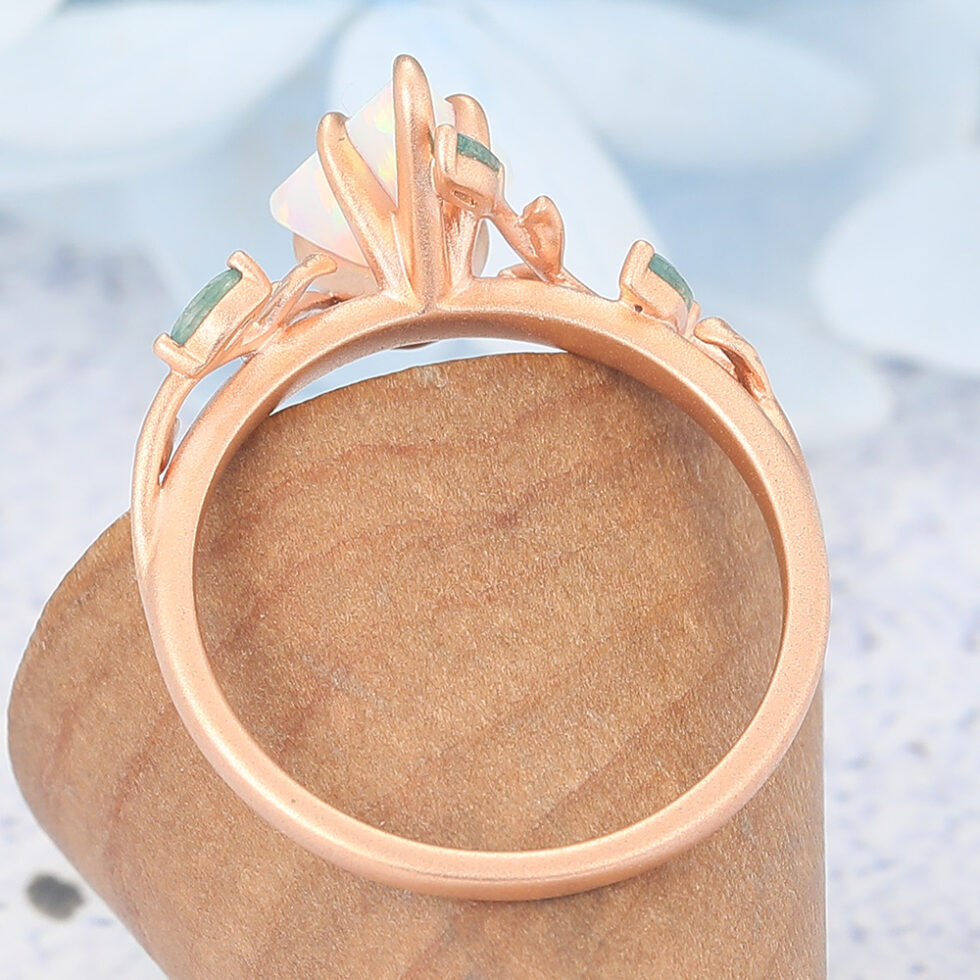 Matte Finish Kite Cut Opal Engagement Ring Vine-Inspired with Moss Agate Accents