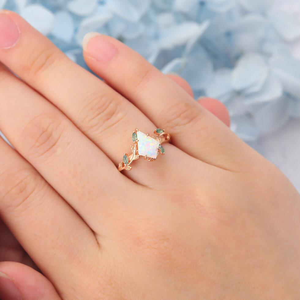 Matte Finish Kite Cut Opal Engagement Ring Vine-Inspired with Moss Agate Accents