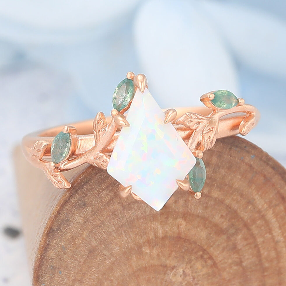 Matte Finish Kite Cut Opal Engagement Ring Vine-Inspired with Moss Agate Accents