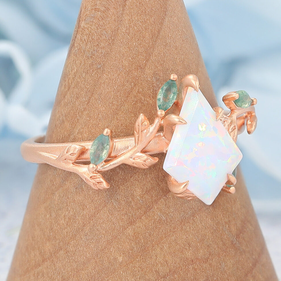 Matte Finish Kite Cut Opal Engagement Ring Vine-Inspired with Moss Agate Accents