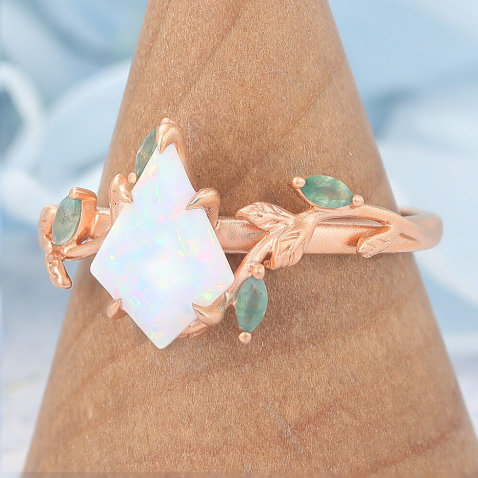 Matte Finish Kite Cut Opal Engagement Ring Vine-Inspired with Moss Agate Accents