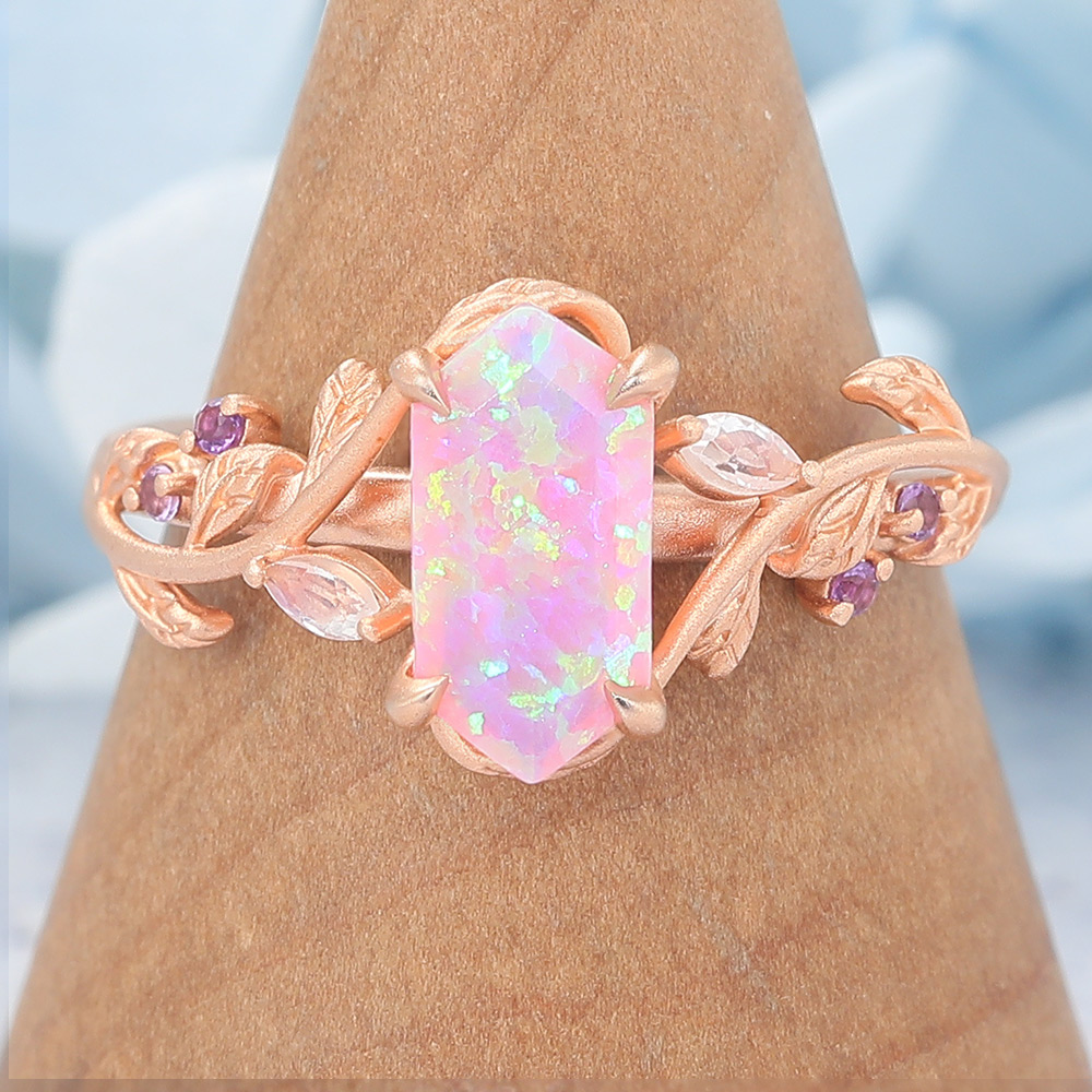 Matte Finish Long Hexagon Cut Lab Pinnk Opal Engagement Ring Vine-Inspired Band