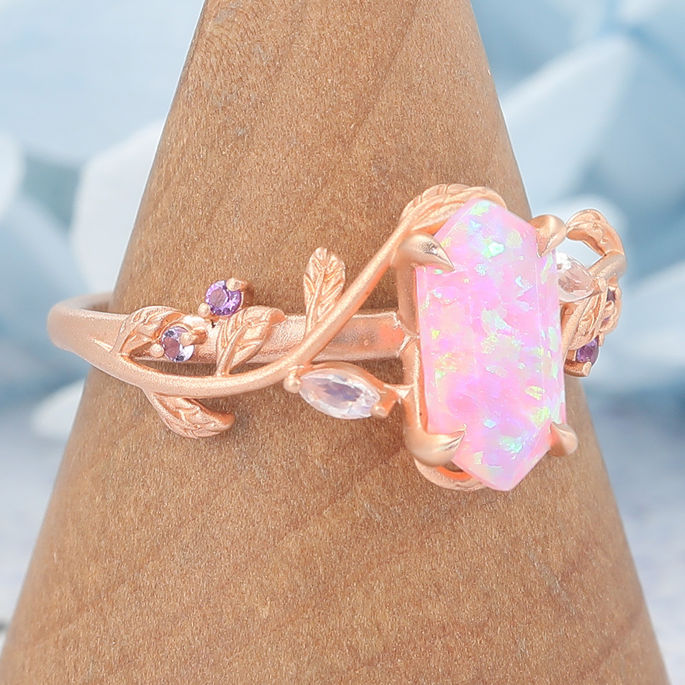 Matte Finish Long Hexagon Cut Lab Pinnk Opal Engagement Ring Vine-Inspired Band (2) Matte Finish Long Hexagon Cut Lab Pinnk Opal Engagement Ring Vine-Inspired Band (2)