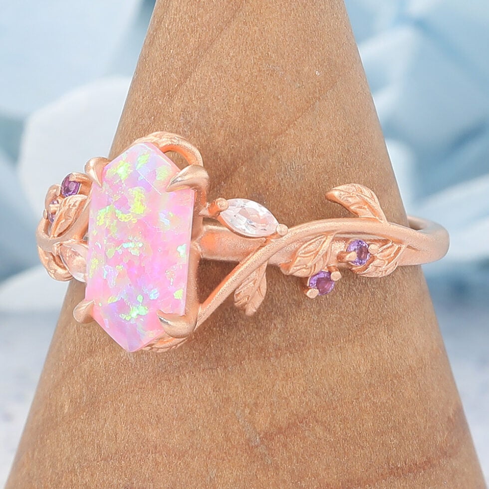 Matte Finish Long Hexagon Cut Lab Pinnk Opal Engagement Ring Vine-Inspired Band