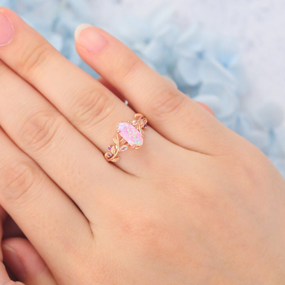 Matte Finish Long Hexagon Cut Lab Pinnk Opal Engagement Ring Vine-Inspired Band