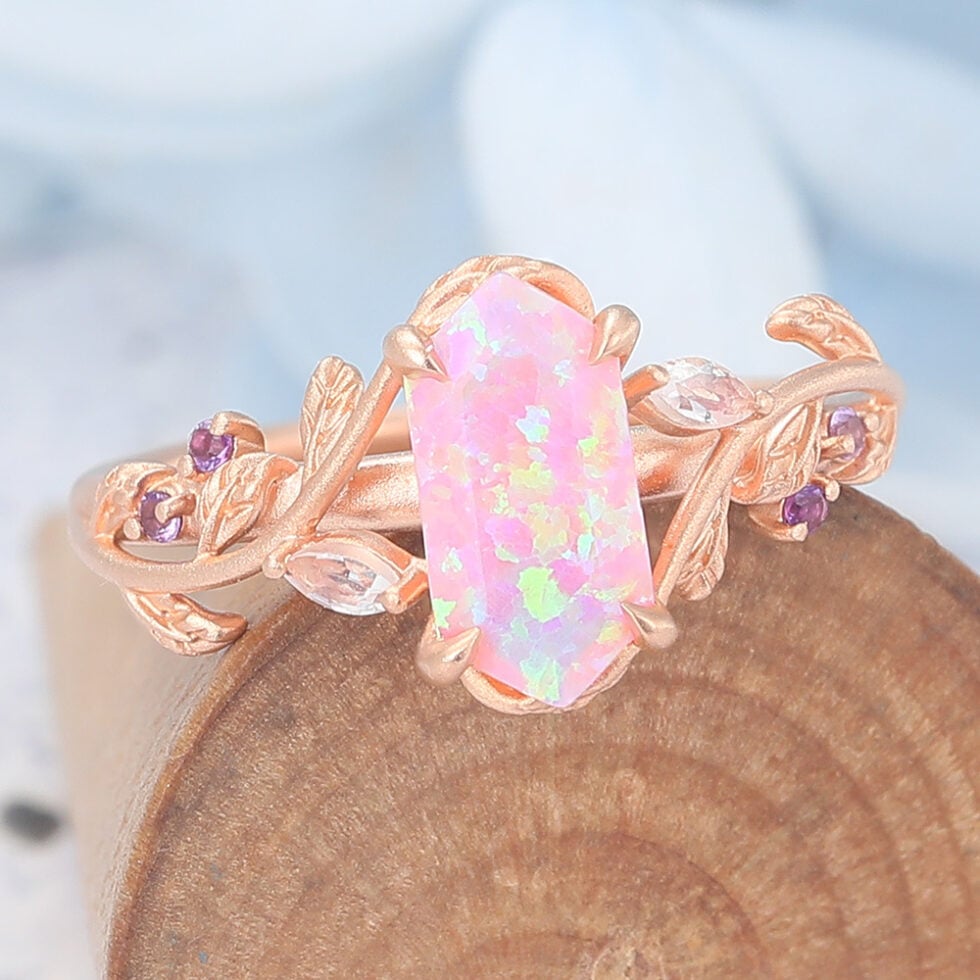 Matte Finish Long Hexagon Cut Lab Pinnk Opal Engagement Ring Vine-Inspired Band