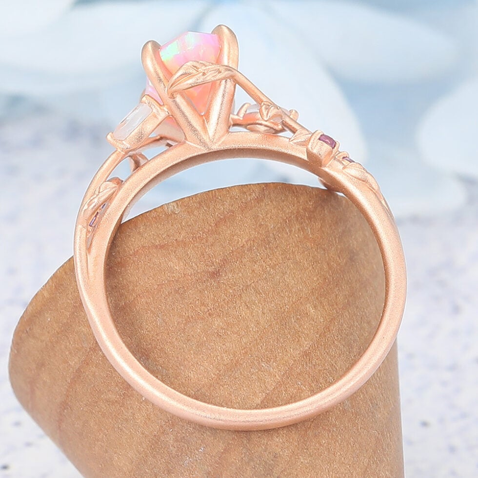 Matte Finish Long Hexagon Cut Lab Pinnk Opal Engagement Ring Vine-Inspired Band