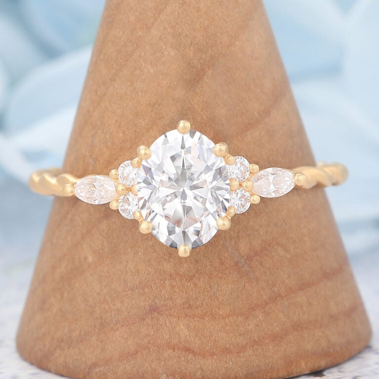 Matte Finish Oval Cut Moissanite Engagement Ring 3/4 Twisted Band