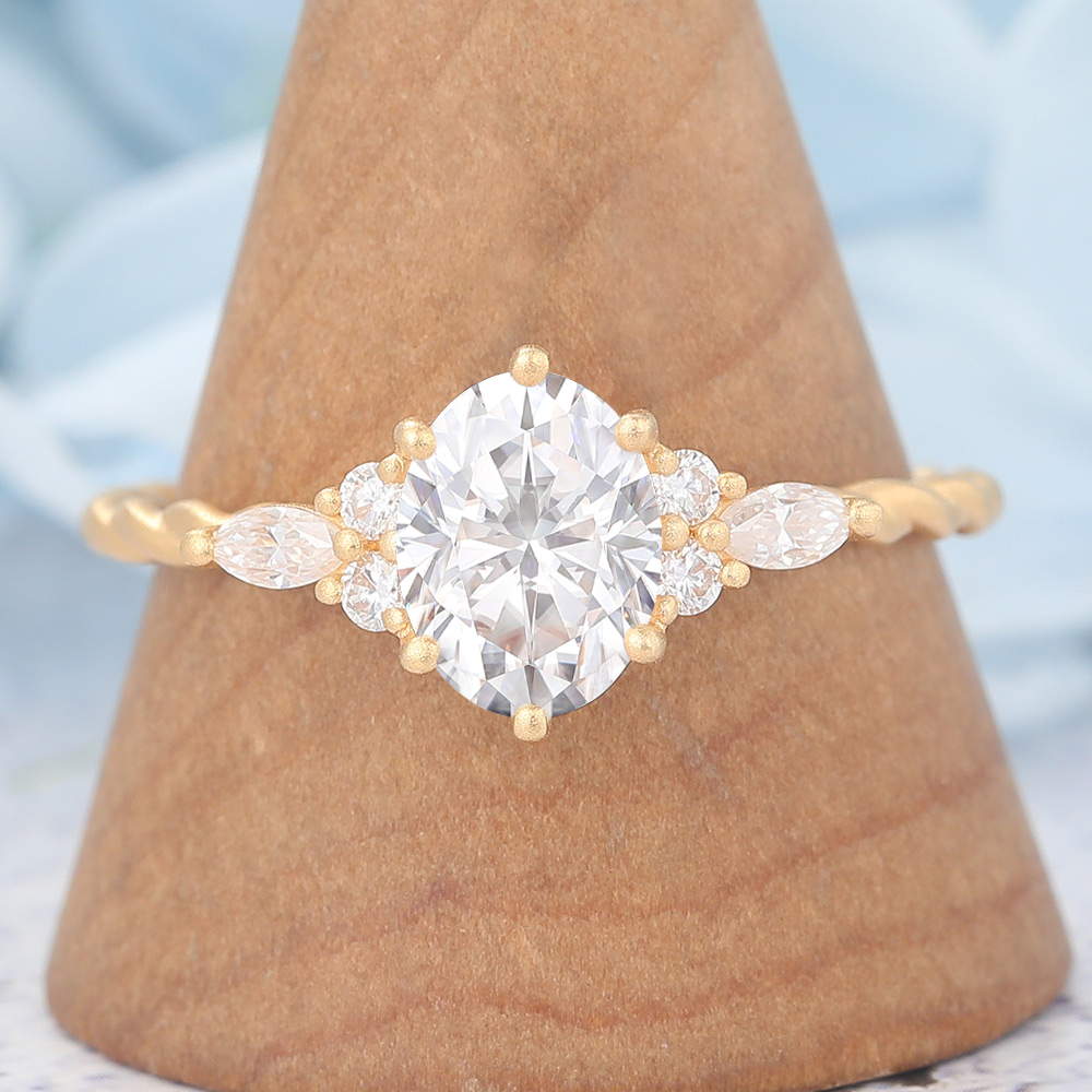 Matte Finish Oval Cut Moissanite Engagement Ring 3/4 Twisted Band