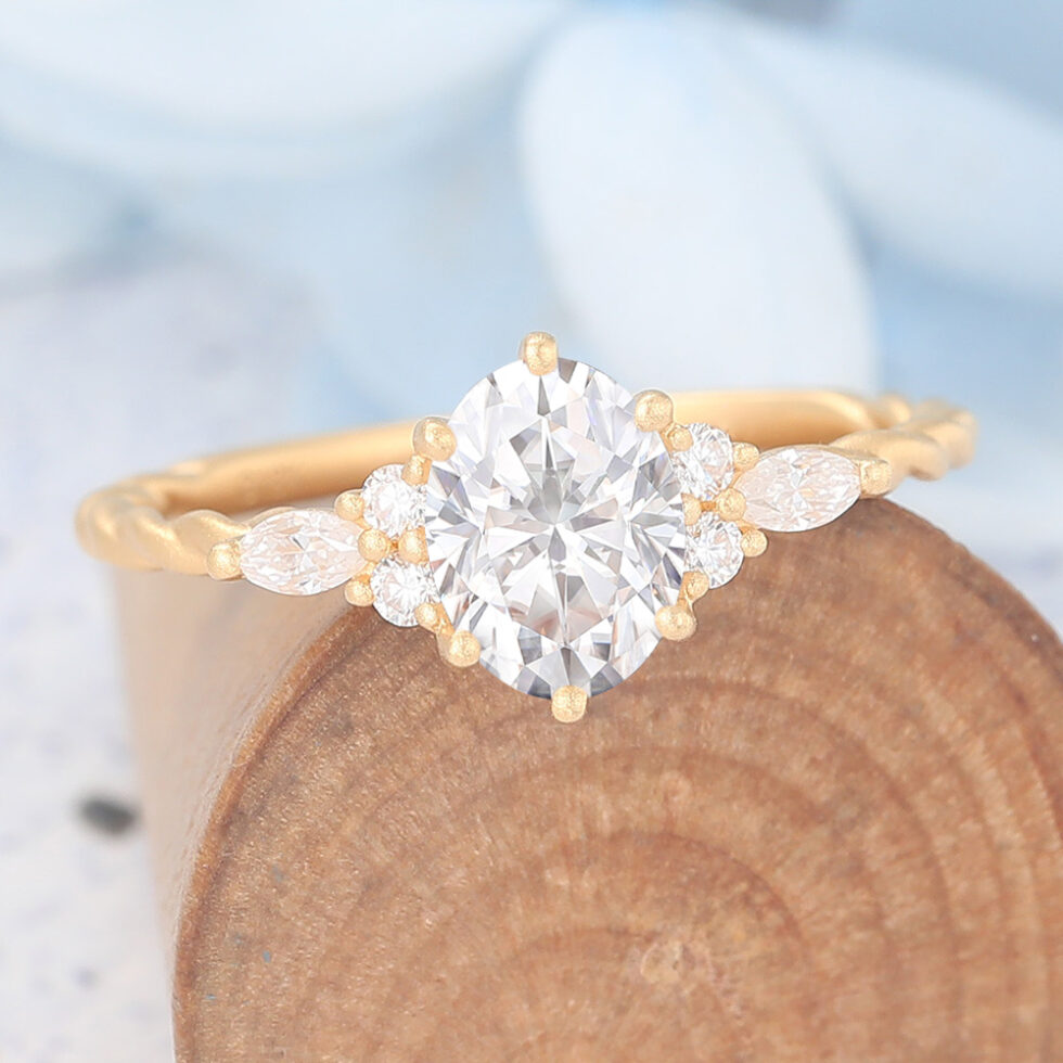 Matte Finish Oval Cut Moissanite Engagement Ring 3/4 Twisted Band