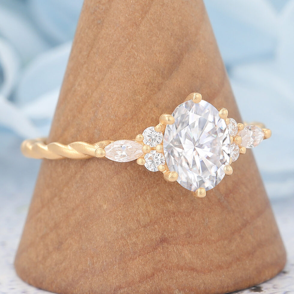 Matte Finish Oval Cut Moissanite Engagement Ring 3/4 Twisted Band