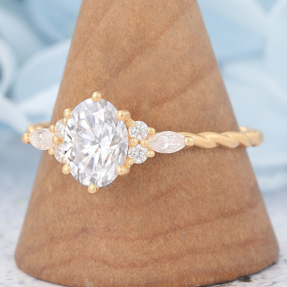 Matte Finish Oval Cut Moissanite Engagement Ring 3/4 Twisted Band