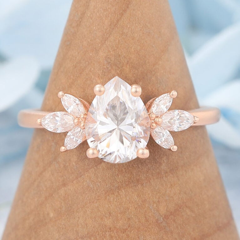 Matte Finish Pear Shape Cluster Moissanite Engagement Ring