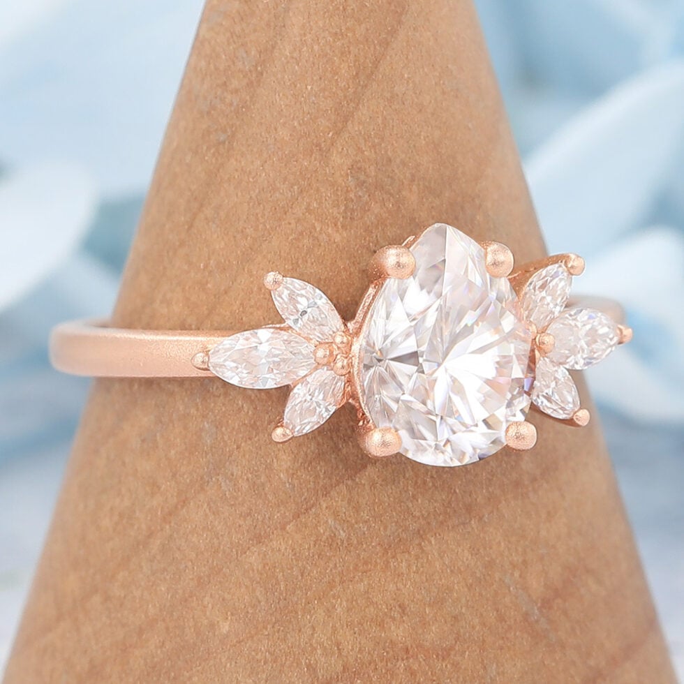 Matte Finish Pear Shape Cluster Moissanite Engagement Ring