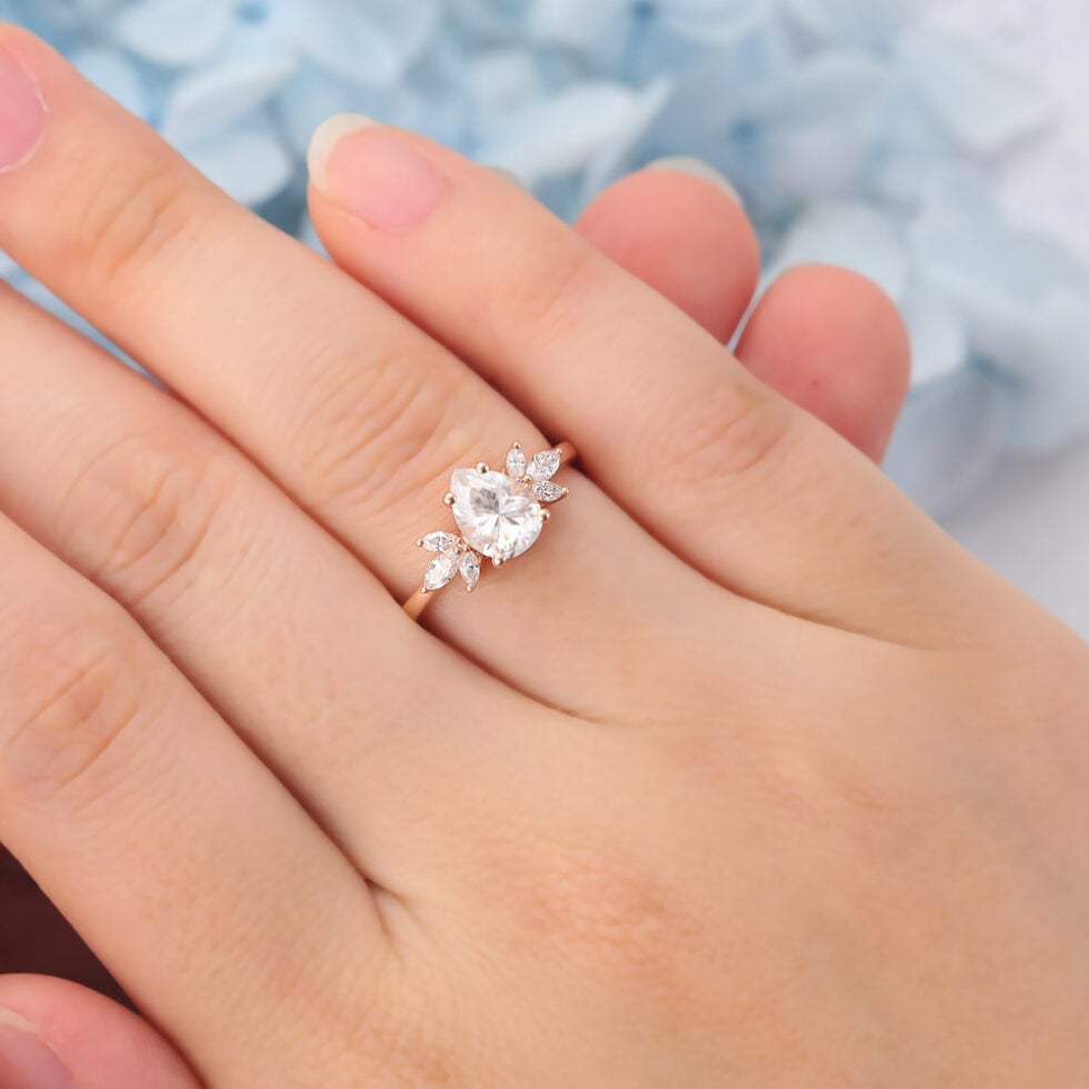 Matte Finish Pear Shape Cluster Moissanite Engagement Ring