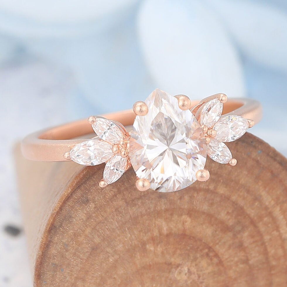 Matte Finish Pear Shape Cluster Moissanite Engagement Ring
