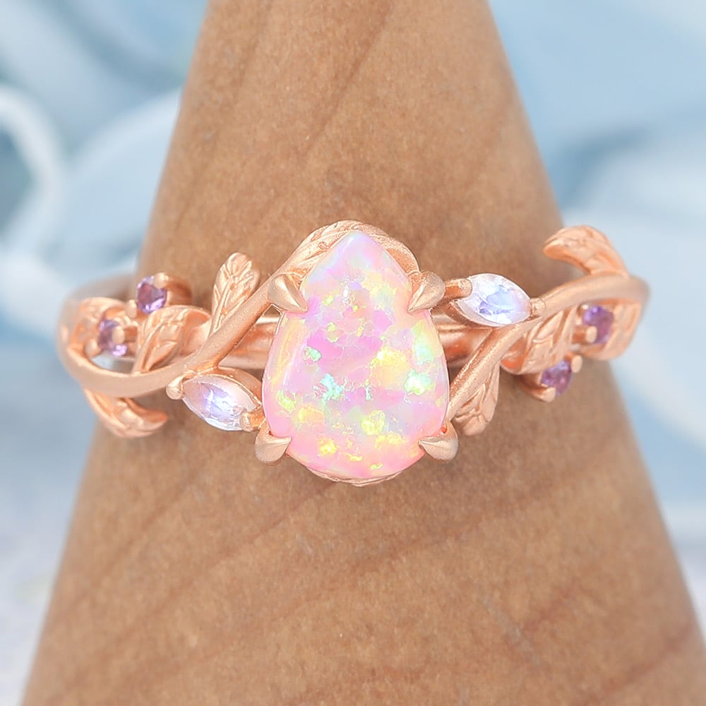 Matte Finish Pear Shape Lab Pinnk Opal Engagement Ring Vine-Inspired Band