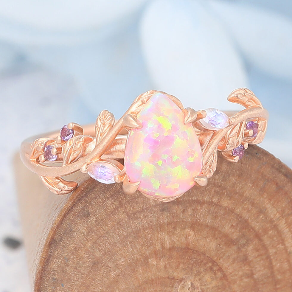 Matte Finish Pear Shape Lab Pinnk Opal Engagement Ring Vine-Inspired Band