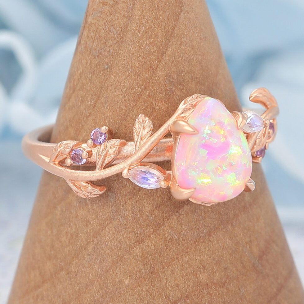 Matte Finish Pear Shape Lab Pinnk Opal Engagement Ring Vine-Inspired Band