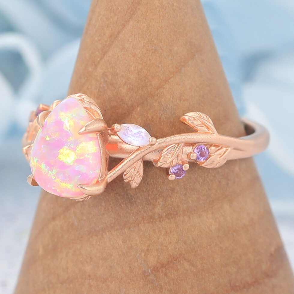 Matte Finish Pear Shape Lab Pinnk Opal Engagement Ring Vine-Inspired Band
