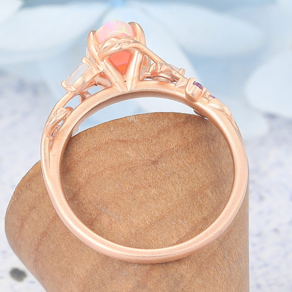 Matte Finish Pear Shape Lab Pinnk Opal Engagement Ring Vine-Inspired Band