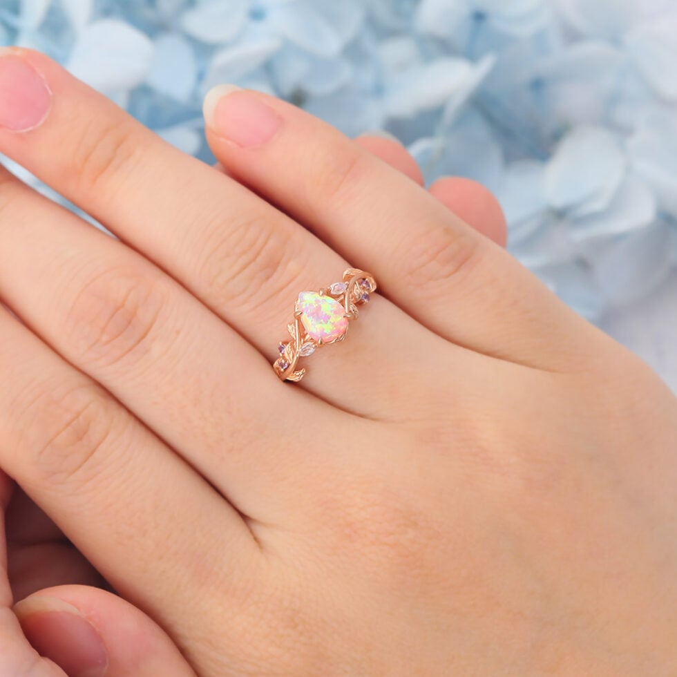Matte Finish Pear Shape Lab Pinnk Opal Engagement Ring Vine-Inspired Band