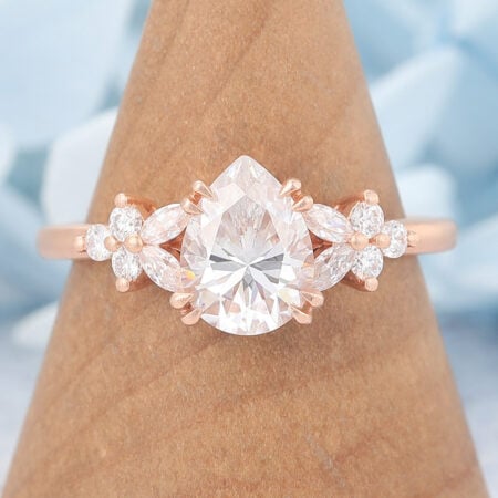 Matte Finish Pear Shaped Moissanite Cluster Engagement Ring Double Claw Bridal Ring