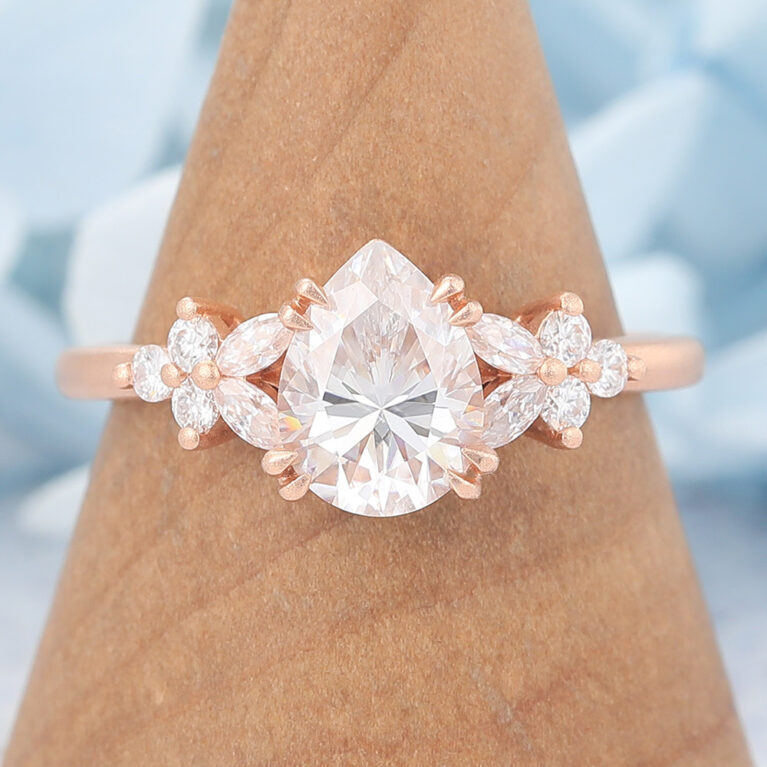 Matte Finish Pear Shaped Moissanite Cluster Engagement Ring Double Claw Bridal Ring