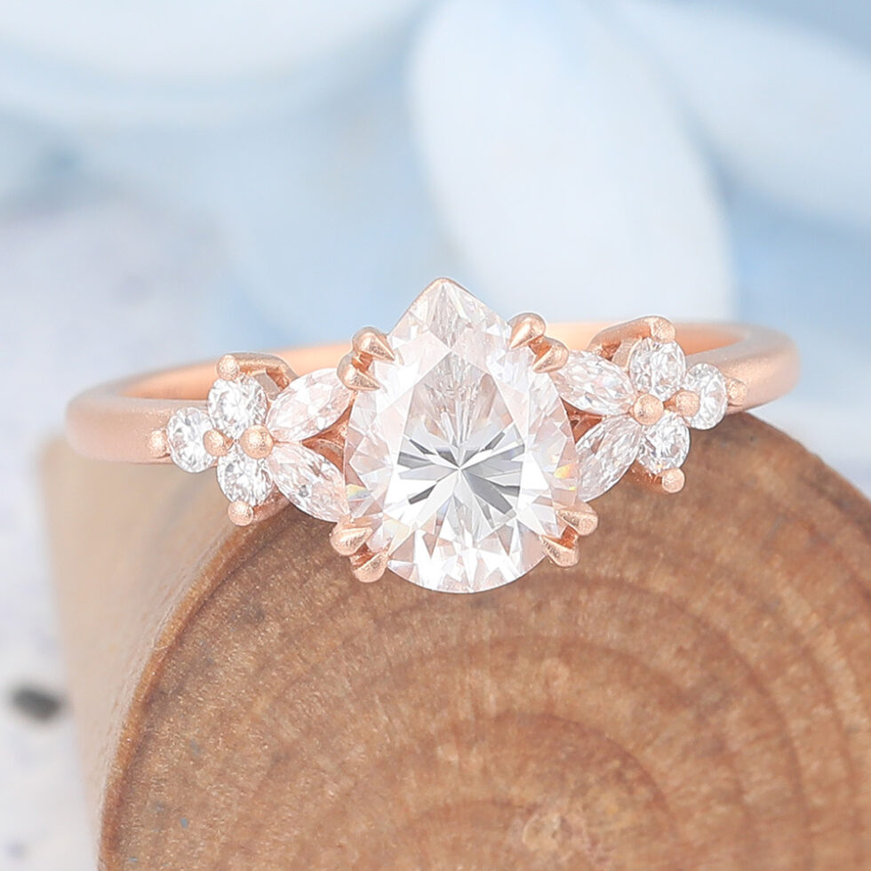 Matte Finish Pear Shaped Moissanite Cluster Engagement Ring Double Claw Bridal Ring