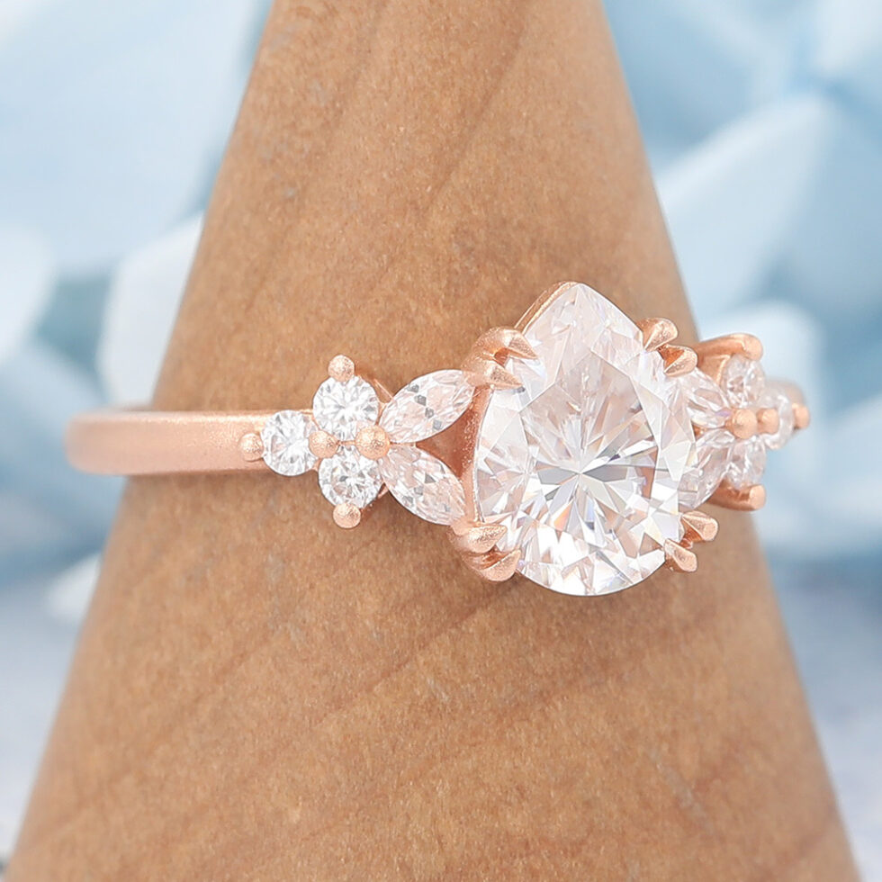 Matte Finish Pear Shaped Moissanite Cluster Engagement Ring Double Claw Bridal Ring