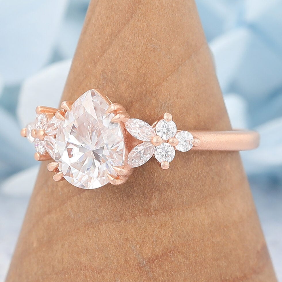 Matte Finish Pear Shaped Moissanite Cluster Engagement Ring Double Claw Bridal Ring