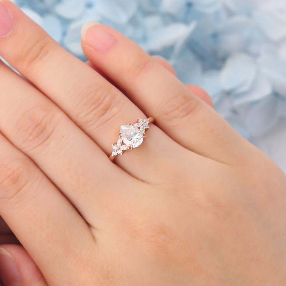 Matte Finish Pear Shaped Moissanite Cluster Engagement Ring Double Claw Bridal Ring