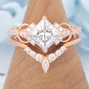 Matte Finish Princess Cut Moissanite Bridal Ring Set