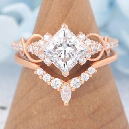 Matte Finish Princess Cut Moissanite Bridal Ring Set