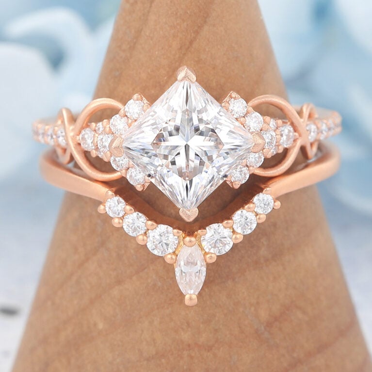 Matte Finish Princess Cut Moissanite Bridal Ring Set