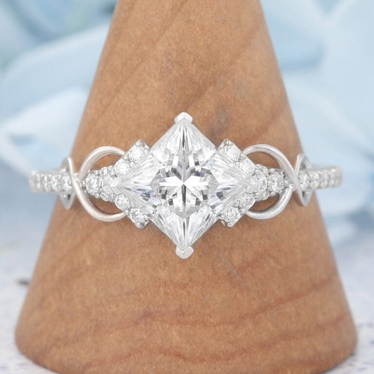 Matte Finish Princess Cut Moissanite Engagement Ring Infinity Bridal Ring