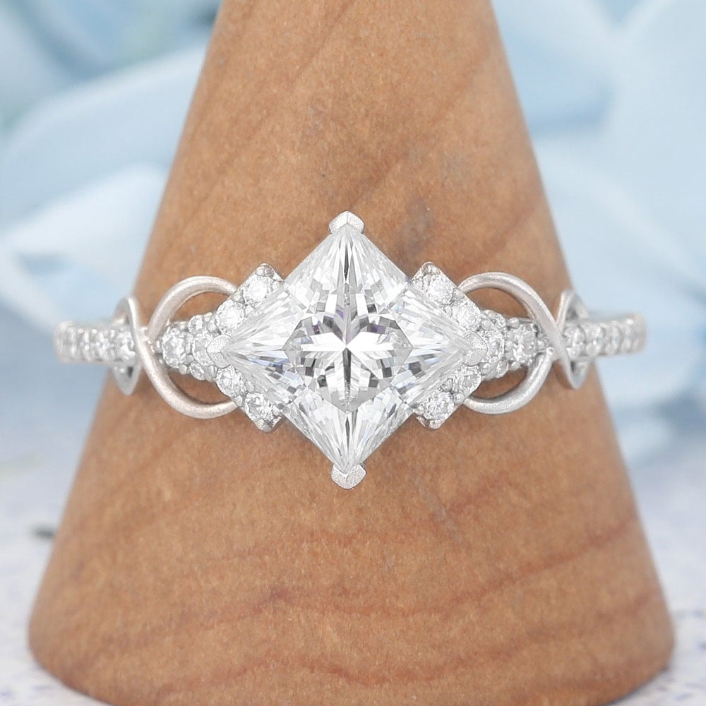 Matte Finish Princess Cut Moissanite Engagement Ring Infinity Bridal Ring