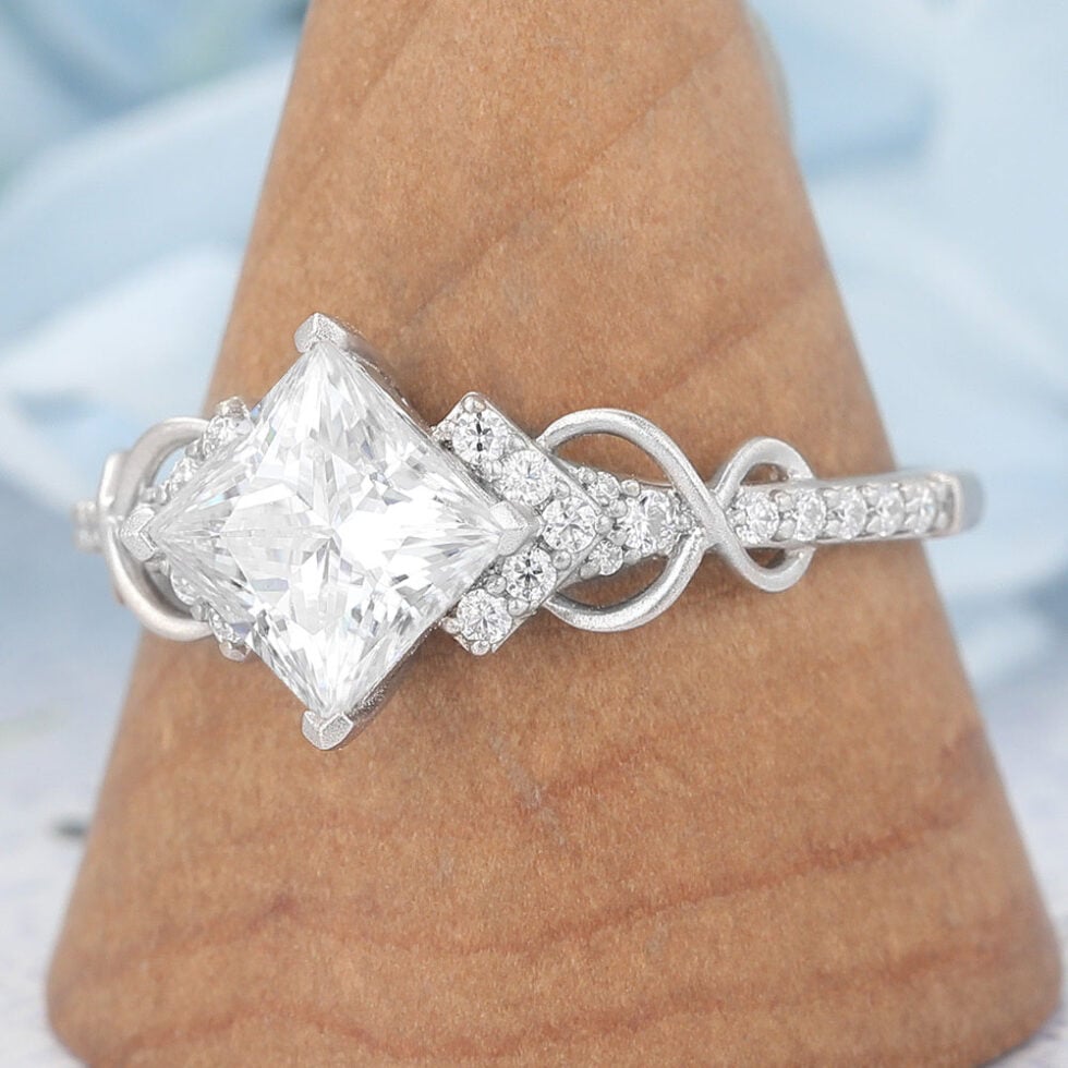 Matte Finish Princess Cut Moissanite Engagement Ring Infinity Bridal Ring