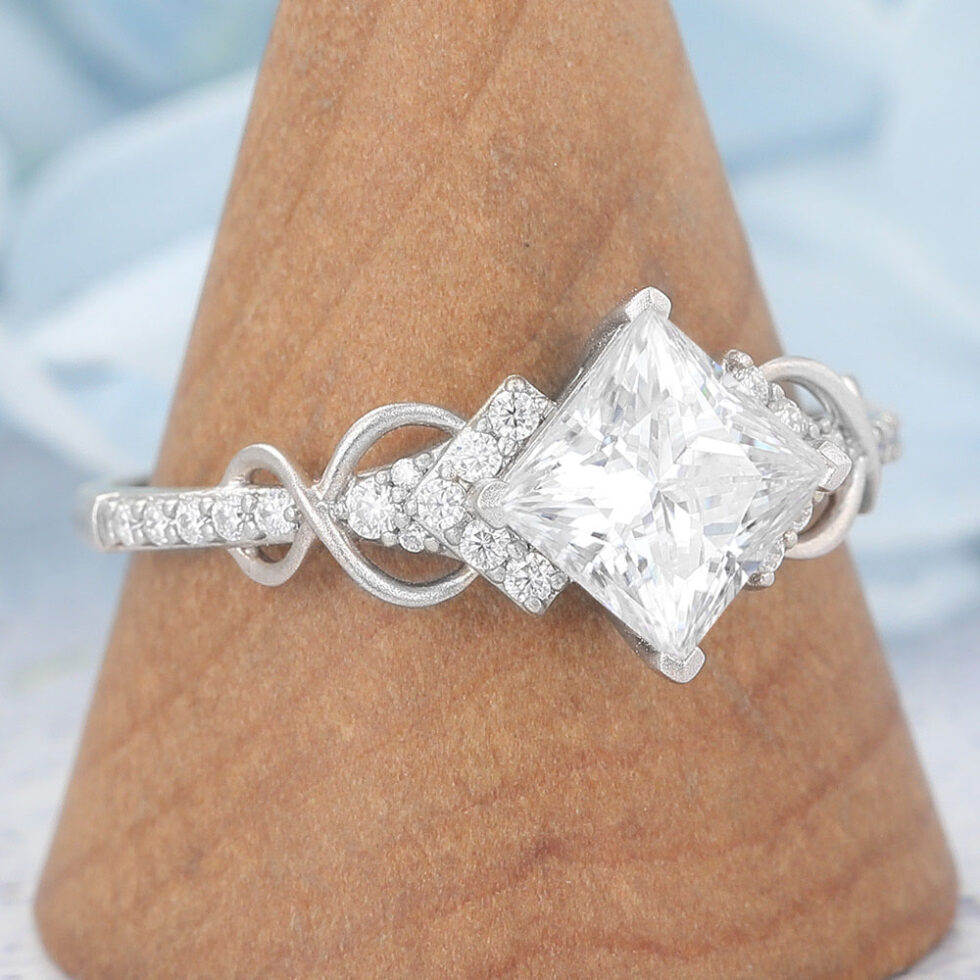 Matte Finish Princess Cut Moissanite Engagement Ring Infinity Bridal Ring