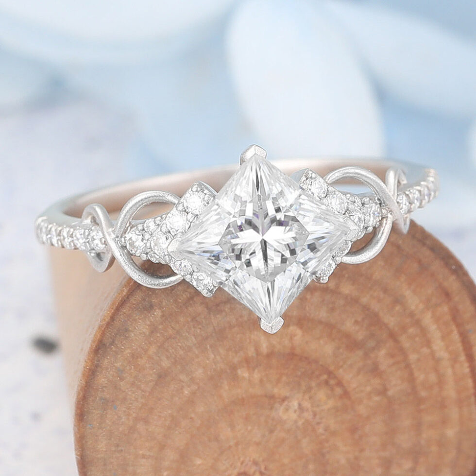 Matte Finish Princess Cut Moissanite Engagement Ring Infinity Bridal Ring