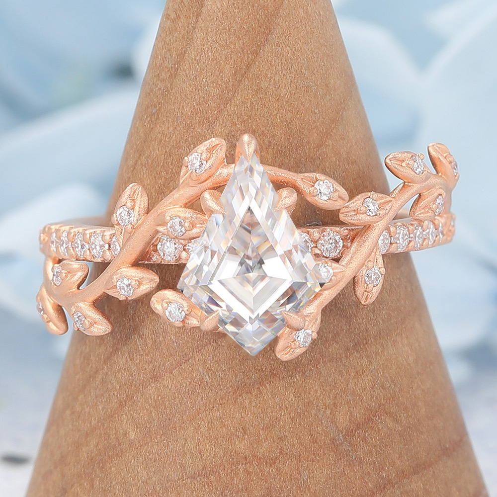 Matte Finish Rose Gold Kite Cut Unique Moissanite Engagement Ring