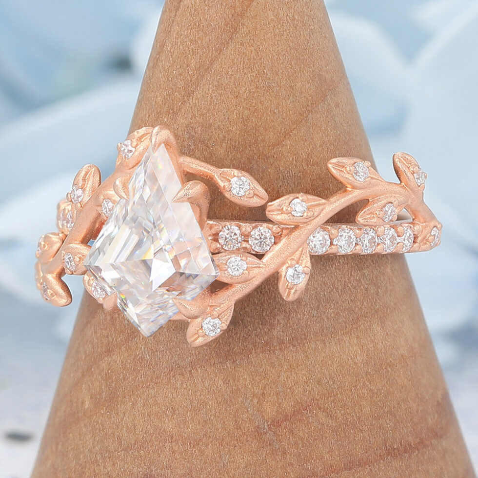 Matte Finish Rose Gold Kite Cut Unique Moissanite Engagement Ring