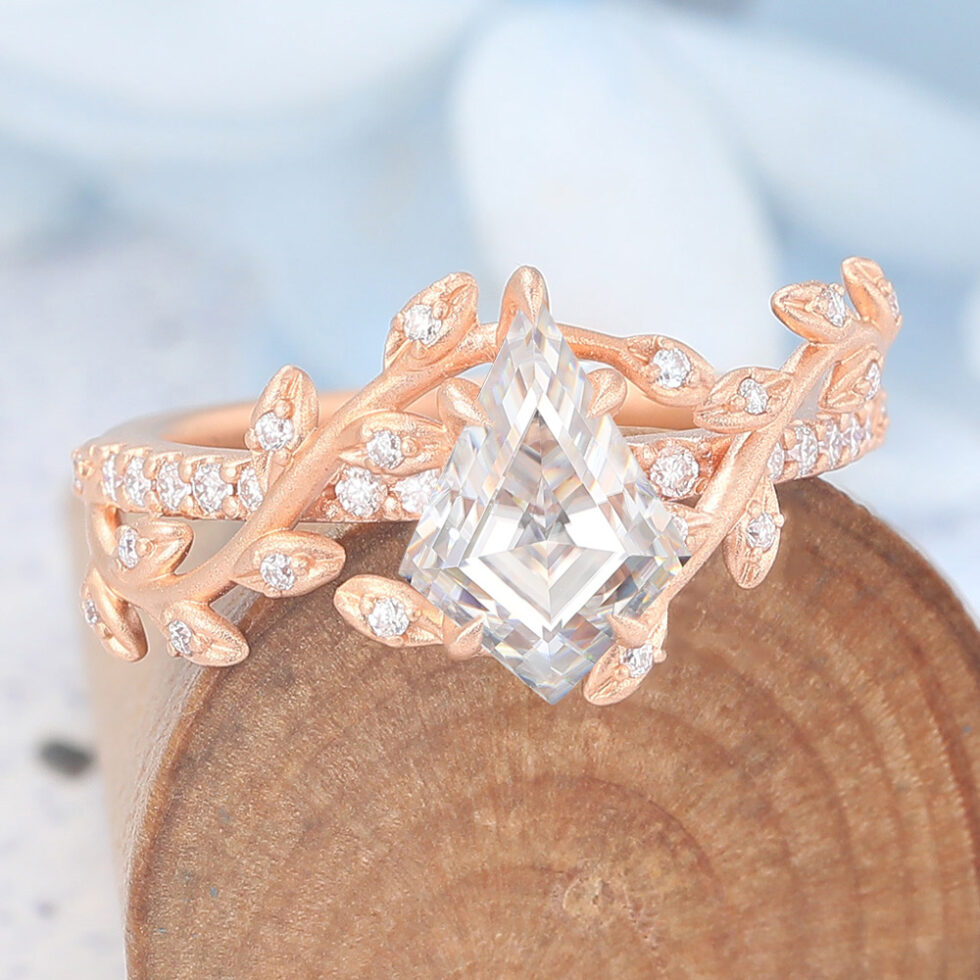 Matte Finish Rose Gold Kite Cut Unique Moissanite Engagement Ring