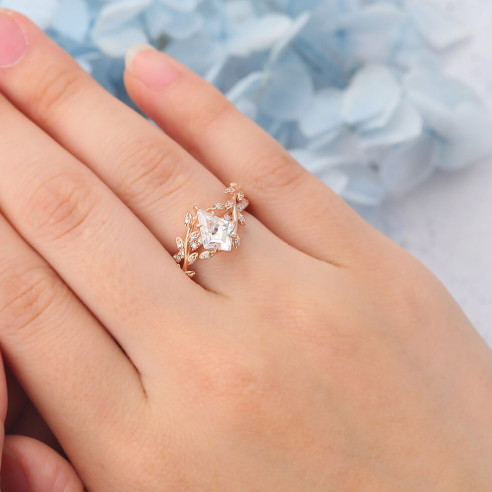 Matte Finish Rose Gold Kite Cut Unique Moissanite Engagement Ring